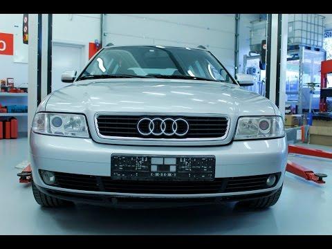 Audi A4: Hvordan bytte bremser foran (skiver, klosser, bremsekalipere) - 1995 til 2001 mod.